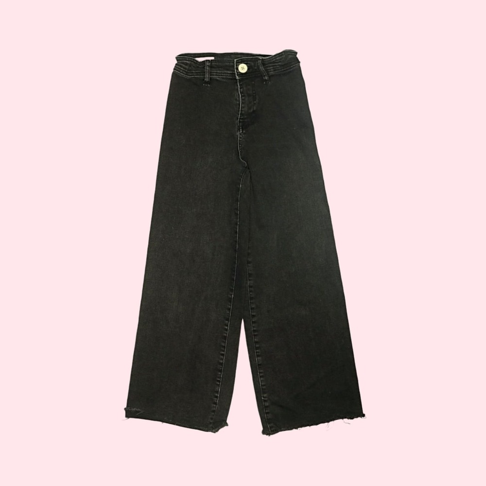 Zara‎ Girls Black Wide Leg Jeans Culottes Frayed Hem Faded Wash Size 10 140cm